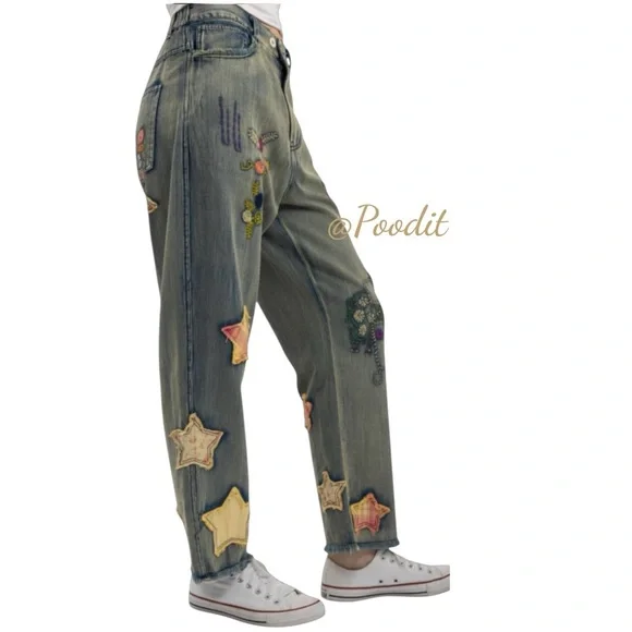 BLUE VELVET patchwork embroidery relaxed fit fray hem washed out jeans sz MEDIUM - Picture 4 of 14